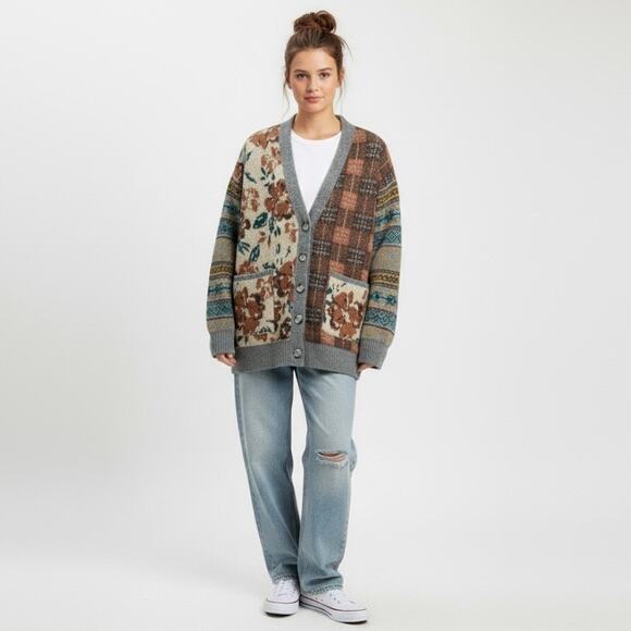 Zara Patchwork Grandpa Brown Floral Sweater Oversized Cardigan Wool Blend Small - Picture 4 of 12